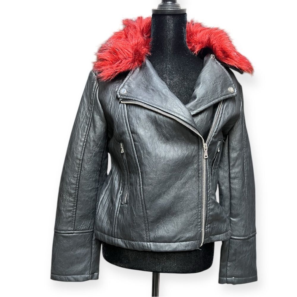 NWT Special One Black PVC Moto Jacket Burgundy Red Faux Fur Collar Small.